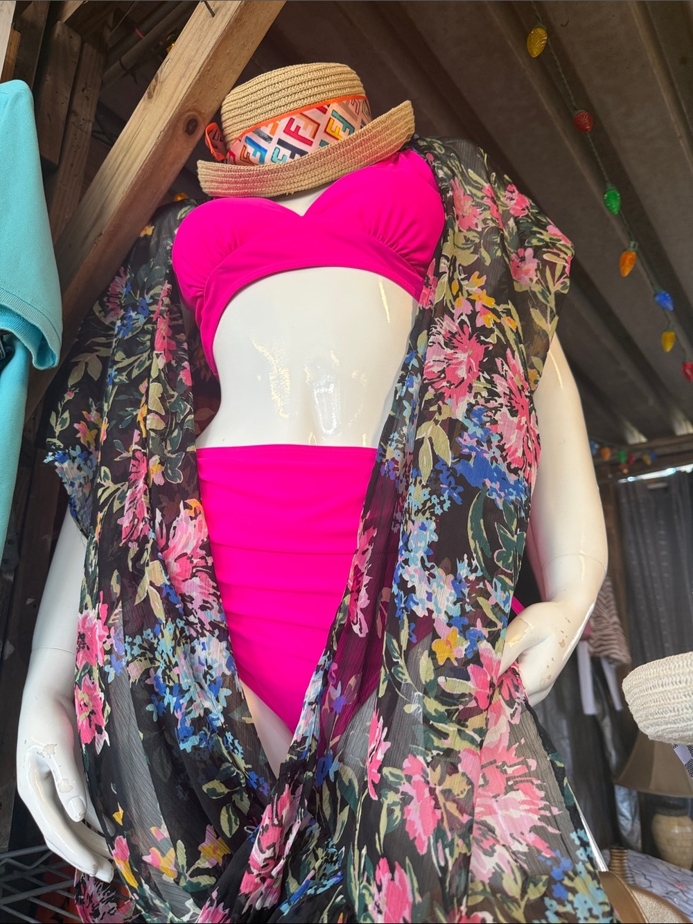 Bright Pink High-Waist 2-Piece Swimsuit with coverup